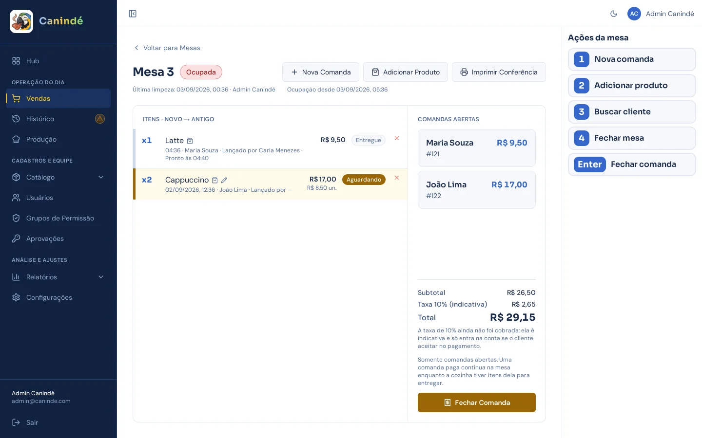 Mesas, áreas livres e a comanda de cada um